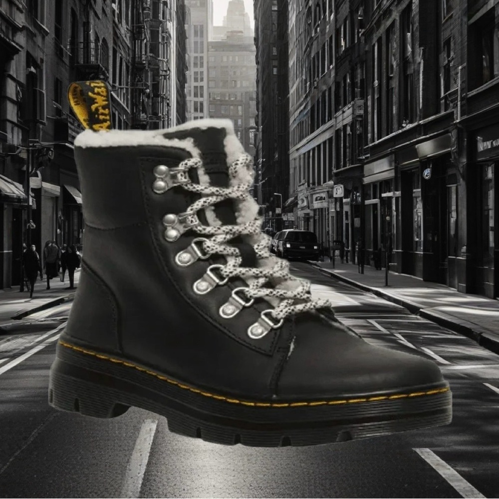 Dr. Martens Black Combat Boots with Faux Shearling Lining